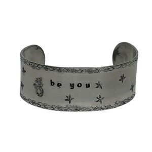 Handmade Motivational mermaid ocean adjustable silver tone wide Cuff Bracelet
